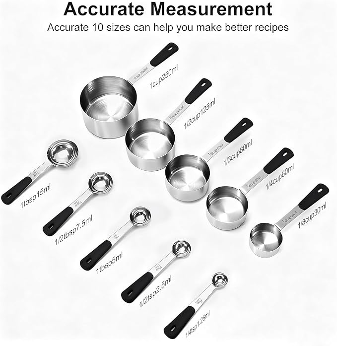 Bopei Measuring Cups and Spoons Set Stainless Steel 10 Piece for Cooking and Baking (5 Cups + 5 Spoons, Black Handle) - Image 2