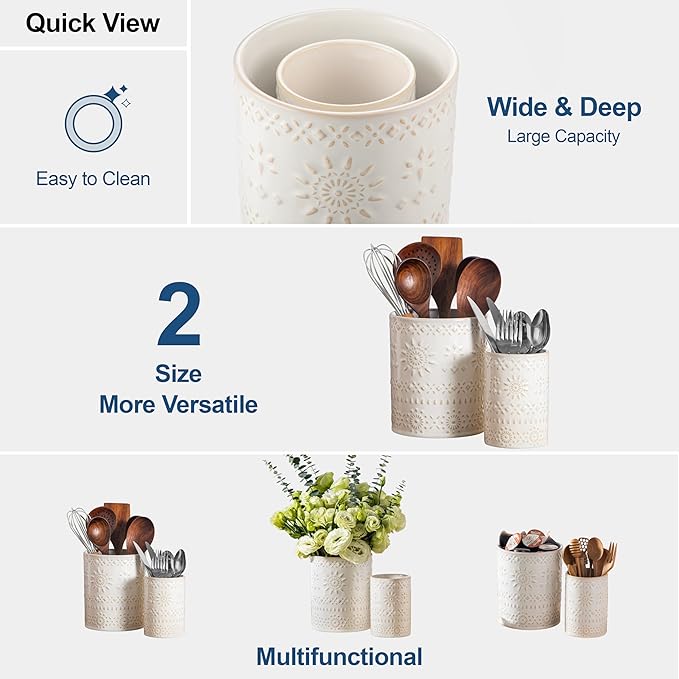 LOVECASA Utensil Holder, 7.2"+5.4" Ceramic Utensil Holder for Countertop, Large Cooking Utensil Crocks for Kitchen Counter, Farmhouse Utensil Vase for Housewarming, Kitchen Decor, Set of 2, Oasis - Image 9