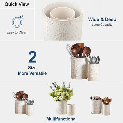 LOVECASA Utensil Holder, 7.2"+5.4" Ceramic Utensil Holder for Countertop, Large Cooking Utensil Crocks for Kitchen Counter, Farmhouse Utensil Vase for Housewarming, Kitchen Decor, Set of 2, Oasis - Image 9
