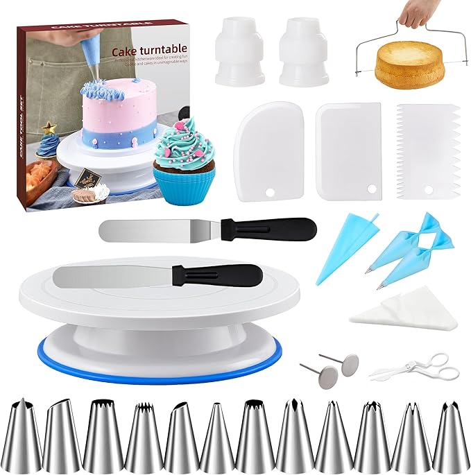 Cake Decorating Tools Supplies Kit - 82Pcs Baking Accessories with Turntable Stand Leveler 12 Piping Tips 52 Bags Icing Comb Scrapers Spatulas Cupcake Cookie Frosting Fondant Bakery Set for Beginners by WelcometoQuellance
