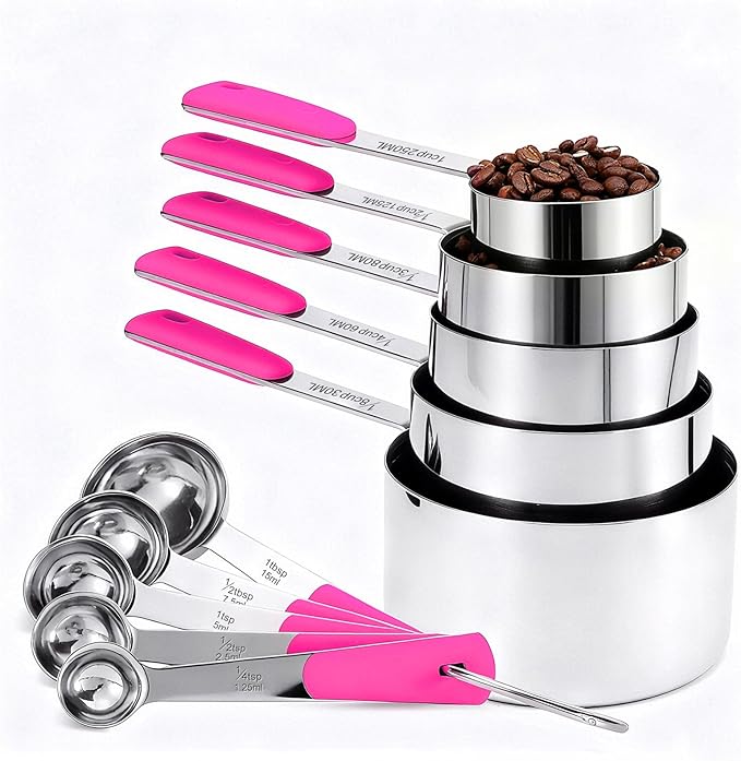 Bopei Measuring Cups and Spoons Set Stainless Steel 10 Piece for Cooking and Baking (5 Cups + 5 Spoons, Pink Handle) by Bopei