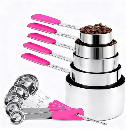 Bopei Measuring Cups and Spoons Set Stainless Steel 10 Piece for Cooking and Baking (5 Cups + 5 Spoons, Pink Handle) by Bopei
