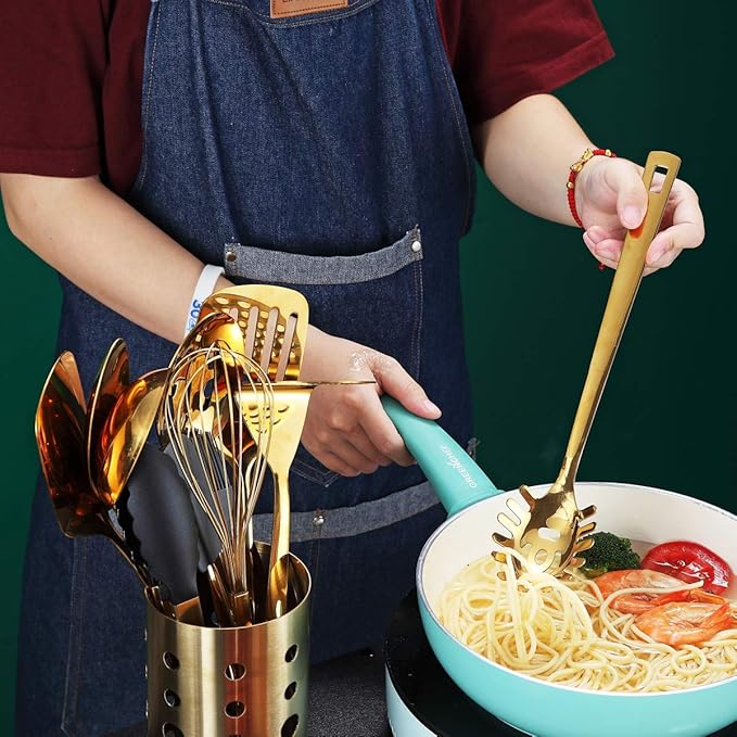 Gold Spaghetti Spoon, Berglander Pasta Server With Titanium Gold Plating, Stainless Steel Spaghetti Server For Cooking, Pasta Fork, Noddle Fork, Dishwasher Safe, Easy to Clean - Image 6