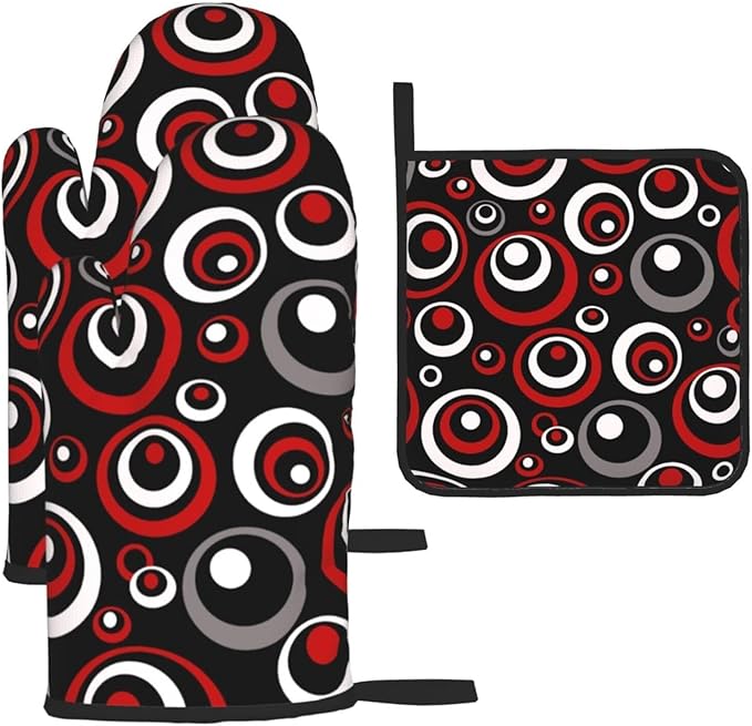 Retro Red Circles Oven Mitt and Pot Holder Set (3-Piece) - Heat Resistant Non-Slip Modern Geometric Gloves Gift for Chef Cooking Baking Grilling BBQ Lovers, Stylish Kitchen Decor, Red White Black Grey by Unknown