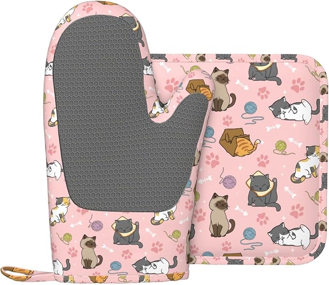Cute Cats Oven Mitts and Pot Holders Sets Heat Resistant Non-Slip Silicone Oven Gloves Kitchen Accessories for Cooking Baking Grilling BBQ