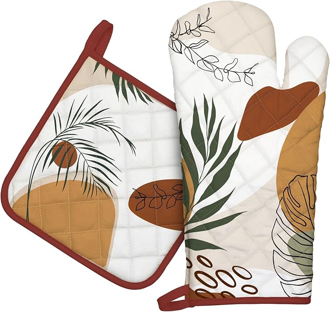 Boho Leaf Oven Mitts and Pot Holders Sets 2Pcs, 100% Cotton Heat Resistant, Vintage Extra Long Oven Gloves Potholder for Kitchen Cooking Baking Decoration, Housewarming Gifts for Mom by Arquiel
