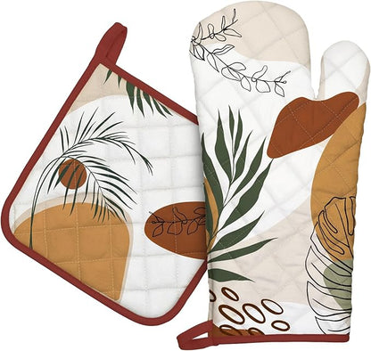 Boho Leaf Oven Mitts and Pot Holders Sets 2Pcs, 100% Cotton Heat Resistant, Vintage Extra Long Oven Gloves Potholder for Kitchen Cooking Baking Decoration, Housewarming Gifts for Mom by Arquiel