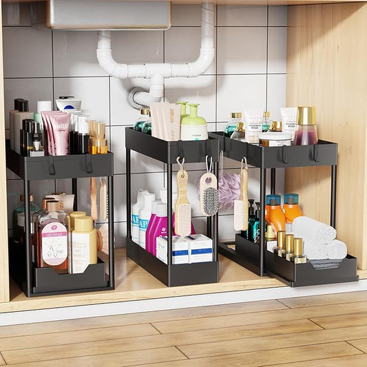 Simple Trending 3 Pack Under Sink Organizer, Pull-Out Cabinet Organizer Drawer, 2 Tier Multi-Purpose Slide Out Storage Shelf for Kitchen Bathroom, Black by SimpleTrending