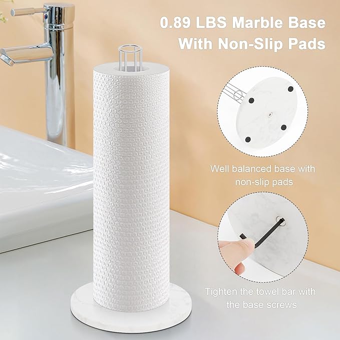 NearMoon Paper Towel Holder Countertop, Sturdy Metal Paper Towel Stand Dispenser with Marble Base, Standard or Jumbo-Sized for Kitchen Counter, Farmhouse, Living Room, Chrome Finish