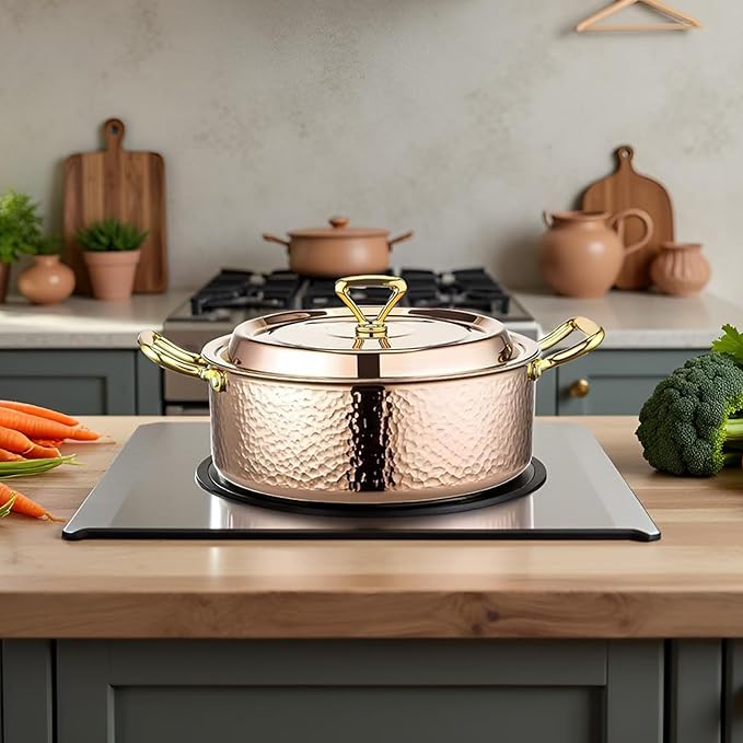 YJX 4.2QT Hammered Stock Pot with Lid, Copper Rose Gold, Tri-Ply Stainless Steel, Multi-Functional Cookware for Bake Roast Braise Saute, Magnetic Base, Dishwasher and Oven Safe (26CM)