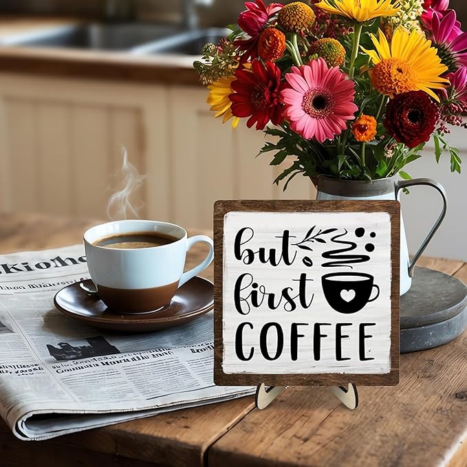 Vintage Coffee Bar Wooden Plaque Desk Sign, Farmhouse Wood Plaque Tabletop Decor for Cafe Bar Kitchen Office,Coffee Station Accessories 5.9x5.9Inch (White&Brown4, 5.9x5.9inches) - Image 6