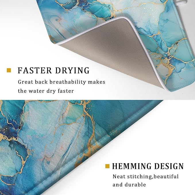 Marble Print Dish Drying Mat for Kitchen Counter,Blue Teal Turquoise Gold Drying Mat 18 x 24 Inch with Absorbent Reversible Microfiber Drying Pad for Coffee Bar - Image 3