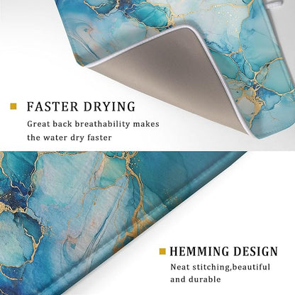 Marble Print Dish Drying Mat for Kitchen Counter,Blue Teal Turquoise Gold Drying Mat 18 x 24 Inch with Absorbent Reversible Microfiber Drying Pad for Coffee Bar - Image 3