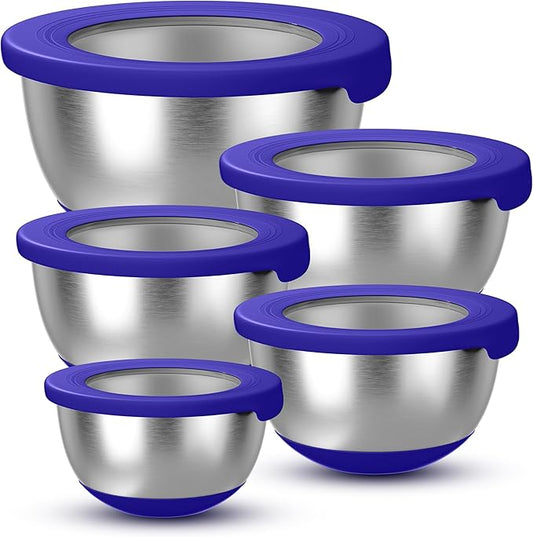 KITEISCAT Stainless Steel Mixing Bowls with Lids – Set of 5 Large Nesting Metal Bowls for Kitchen, Baking, Cooking, Food Prep & Storage, Non-Slip Base, Dishwasher Safe,Blue by KITEISCAT