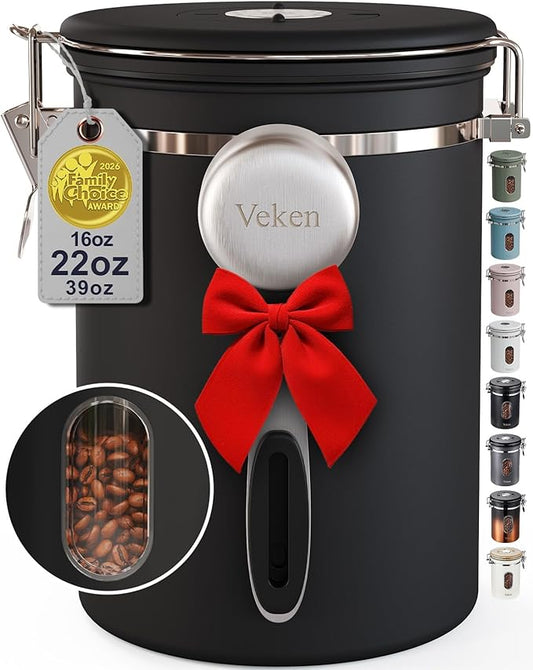 Veken Coffee Canister with Window,Airtight Stainless Steel Pantry Container,Home Kitchen Food Storage Organizers for Ground,Beans,Espresso,Rice,Tea,Sugar,Cereal, Decor,Bar Accessories,Gifts,22OZ,Black by Veken