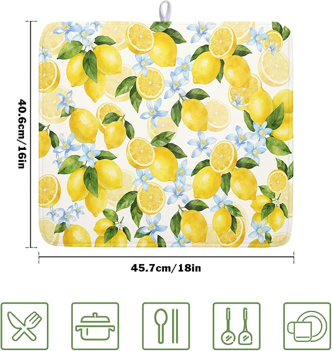 Kawani Lemon Dish Drying Mat 16x18 Inch Absorbent Reversible Spring Summer Drying Mat Floral Lemon Fruits Dish Drying Rack Mat Yellow Summer Themed Dish Drainer Mat for Kitchen Counter Coffee Bar