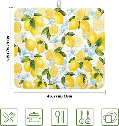 Kawani Lemon Dish Drying Mat 16x18 Inch Absorbent Reversible Spring Summer Drying Mat Floral Lemon Fruits Dish Drying Rack Mat Yellow Summer Themed Dish Drainer Mat for Kitchen Counter Coffee Bar