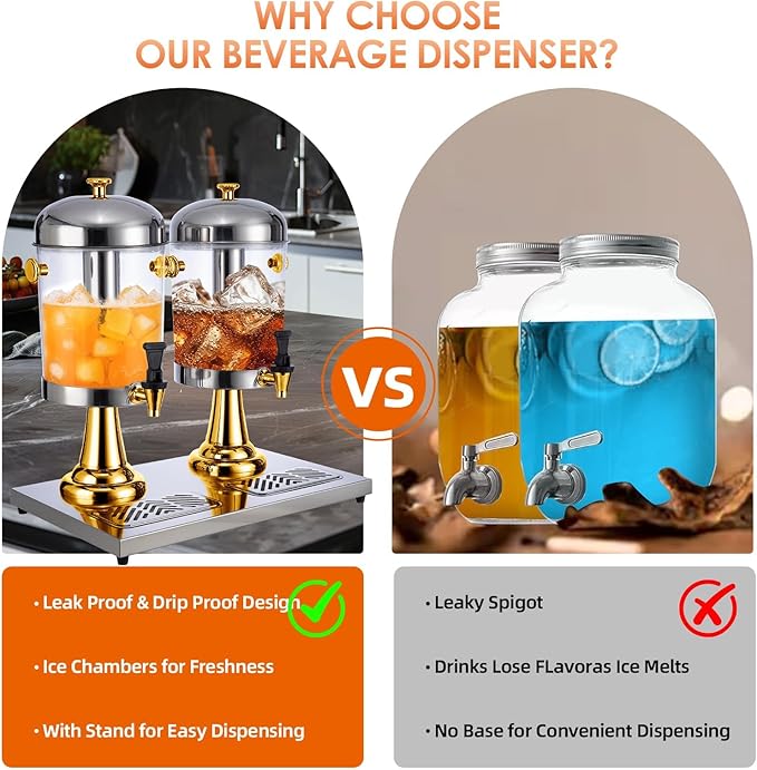 2 Gallon Beverage Dispenser with Stand,Juice Drink Dispensers with Ice Core for Parties, Weddings & Outdoor (GOLD)