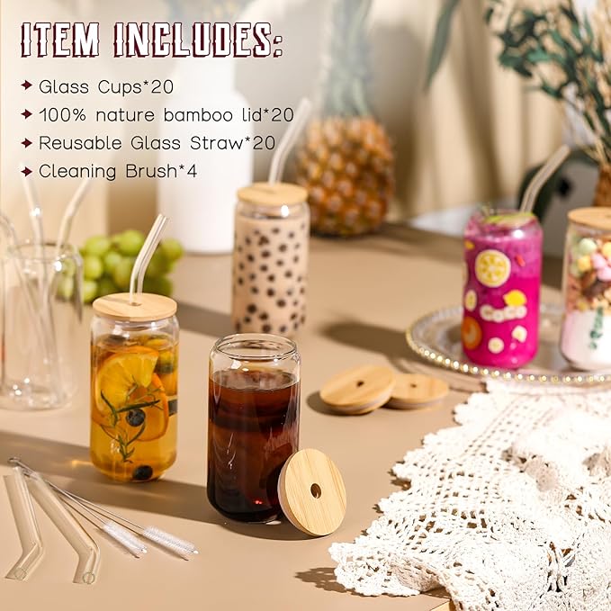 NETANY 20 Pack Glass Cups with Lids and Straws 16 oz, Personalized Customizable Glasses for Gift, Business, Drinking glasses set, Iced Coffee Cup, Cute Aesthetics Tumbler for Tea, Homemade Drinks - Image 2
