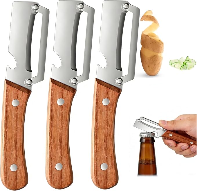 3 Pack 2 in 1 Multi-Functional Vegetable Peeler for Kitchen, Ultra-Sharp Stainless Steel Blade with Ergonomic Wooden Handle & Bottle Opener, Premium Kitchen Tool for Potato, Apple, Carrot, Pumpkin by Unknown