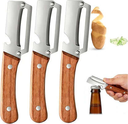 3 Pack 2 in 1 Multi-Functional Vegetable Peeler for Kitchen, Ultra-Sharp Stainless Steel Blade with Ergonomic Wooden Handle & Bottle Opener, Premium Kitchen Tool for Potato, Apple, Carrot, Pumpkin by Unknown
