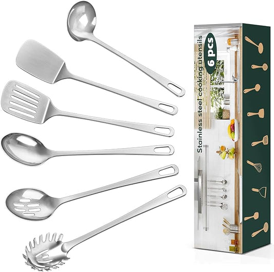 6 Pcs Cooking Utensils Set, Stainless Steel Kitchen Utensils, Heat Resistant Metal Kitchen Tools Include Solid & Slotted Turner Wok Spatula, Serving Spoon, Ladle, Pasta Server, Easy to Clean, Silver by Unknown