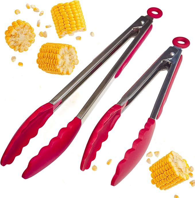 StarPack Premium Silicone Kitchen Tongs Set of 2 (9-Inch & 12-Inch) - Stainless Steel with Non-Stick Silicone Tips, High Heat Resistant to 480°F, For Cooking, Serving, Grill, BBQ & Salad (Cherry Red) by StarpackHome