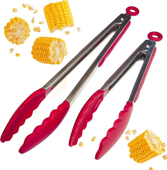 StarPack Premium Silicone Kitchen Tongs Set of 2 (9-Inch & 12-Inch) - Stainless Steel with Non-Stick Silicone Tips, High Heat Resistant to 480°F, For Cooking, Serving, Grill, BBQ & Salad (Cherry Red) by StarpackHome
