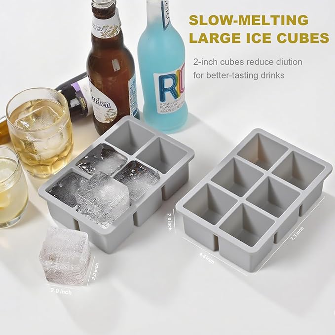 Large Ice Cube Trays for Whiskey, silicone ice cube trays with lid, Enhanced Stability with Built-in Steel Ring, 2inch Huge Cubed ice cube molds, Stackable, Easy Release, Dishwasher Safe(2Pack,Gray)