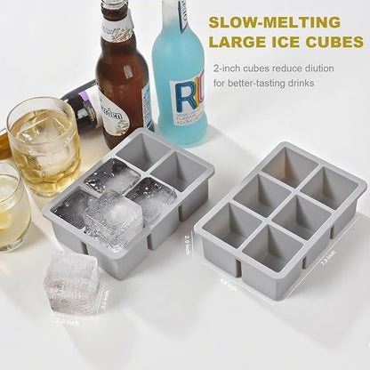 Large Ice Cube Trays for Whiskey, silicone ice cube trays with lid, Enhanced Stability with Built-in Steel Ring, 2inch Huge Cubed ice cube molds, Stackable, Easy Release, Dishwasher Safe(2Pack,Gray)