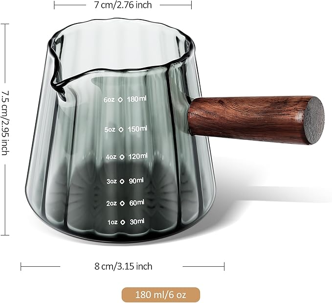 Joeyan 6 oz Grey Glass Measuring Cups with Spout,Borosilicate Glass Triple Pitcher with Scale,Origami Style Espresso Shot Glasses with Wood Handle for Coffee Milk,Dishwasher Safe - Image 6
