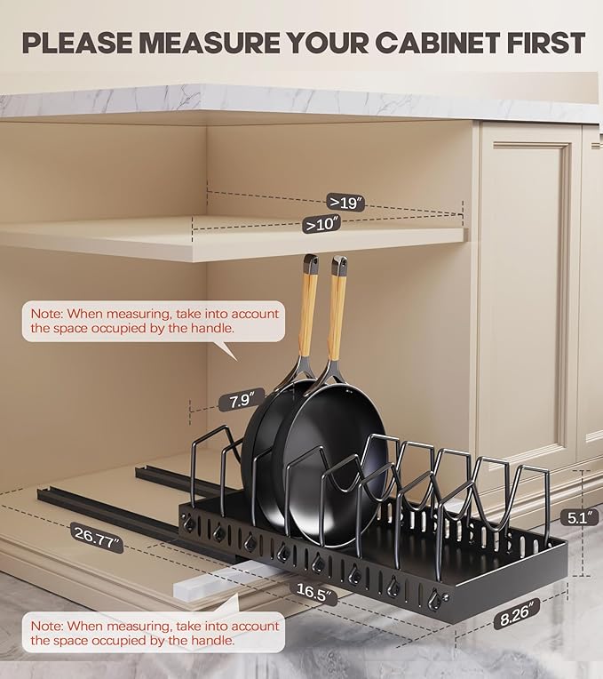 Lozovin Pull Out Pots and Pans Organizer Under Cabinet, Sliding Lid Holder and Pan Rack in Kitchen, Slide Out inside Cabinet Storage for Pot Lid, Bakeware, Dishes, 8 Adjustable Dividers, 1 Pack Black - Image 2