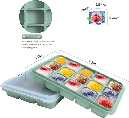 Ice Cube Trays Set of 2, Easy Release 15 Flexible Silicone Ice Cube Molds with Removable Lid Reusable Freezer Ice Trays Stackable for Whiskey, Baby Food, BPA Free (BAMBOO GREEN) - Image 2