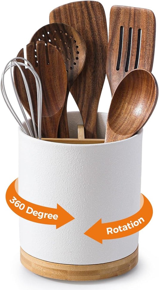 LoeJan 3 Compartment Utensil Holder, Extra Large Utensil Crock, Stable Ceramic Utensil Organizer, Cooking Tool Organizer Set for Kitchen Counter Farmhouse Decor, Textured White by LoeJan