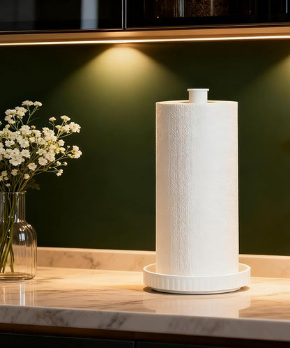 VROOMIUM Paper Towel Holder, Ceramic Base Water & Oil Resistant, Fits Double and Family Size Rolls, Stable and Easy to Clean Kitchen Roll Stand- Chic White