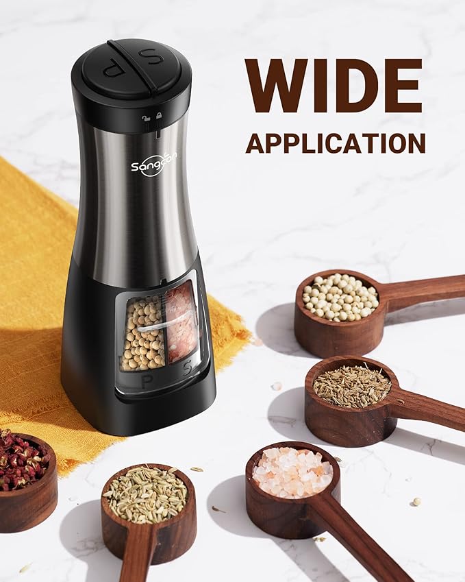 Sangcon Electric Salt and Pepper Grinder Set Shaker 2 IN 1 - Automatic Salt and Pepper Grinder Mill, Battery Powered One-Handed Operation Refillable with Light Dual Ceramic Mill - Image 6