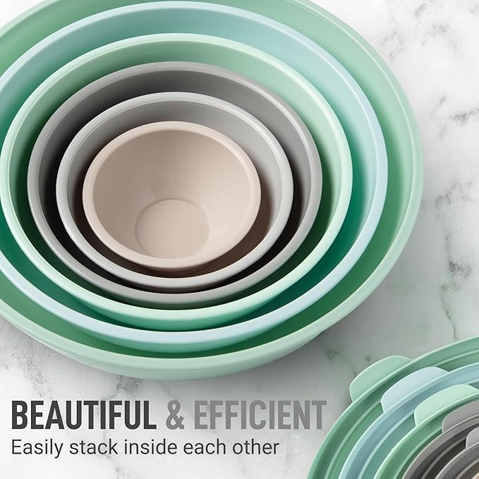 Zulay Kitchen 12 Piece Plastic Nesting Mixing Bowl Set - Colorful Bowls with Lids - Microwave and Freezer Safe (Mint Ombre) - Image 2