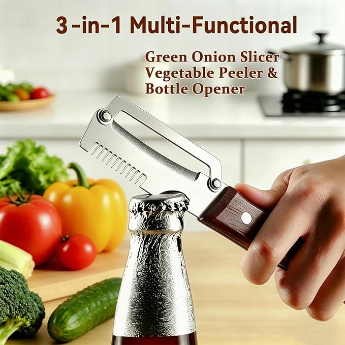 2PCS Multi-Functional Vegetable Peeler for Kitchen with Wooden Handle and Bottle Opener, 3 in 1 Stainless Steel Green Onion Slicer Kitchen Gadgets Tool for Fruit Veggie Potato Pumpkin Apple Carrot - Image 6