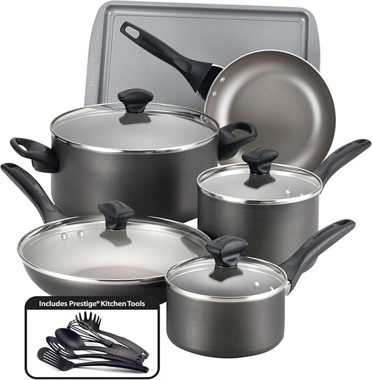 Farberware Dishwasher Safe Nonstick Cookware Pots and Pans Set, 15 Piece, Pewter by Farberware