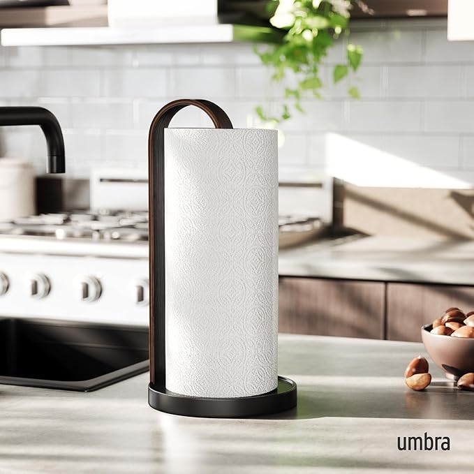 Umbra Bellwood Paper Towel Holder for Kitchen Countertop, with Real Wood Stand and Weighted Metal Base, Black/Walnut - Image 2