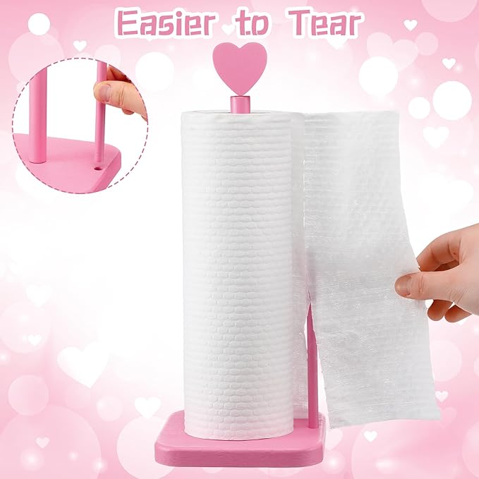 Leinuosen Valentines Day Pink Heart Paper Towel Holder Cute Heart Wooden Paper Towel Holder Pink Bathroom Countertop Accessories Kitchen Roll Stand Organizer Standing Apartment Decor Housewarming Gift