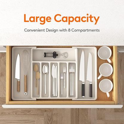 Lifewit Silverware Drawer Organizer, Expandable Utensil Tray for Kitchen, BPA Free Flatware and Cutlery Holder, Adjustable Plastic Storage for Spoons Forks Knives, 13-22 x 15", White - Image 2