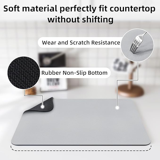 LOPNUR Kitchen Dish Drying Mat, 18"x16" Small Dish Drying Mats for Kitchen Counter, Diatomite Coffee Mat, Super Absorbent Dish Drying Pad, Heat Resistant Mat with Anti-slip Rubber Backed, Light Grey - Image 5