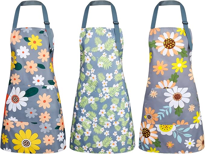 BOUMUSOE 3 Pack Floral Aprons with Pocket, Blooming Womens Aprons Waterproof Adjustable Cooking Apron for Kitchen Gardening by BOUMUSOE