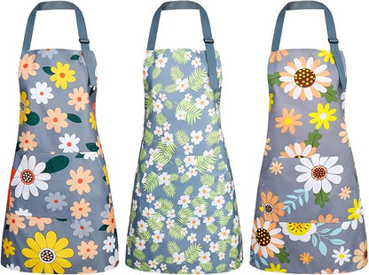 BOUMUSOE 3 Pack Floral Aprons with Pocket, Blooming Womens Aprons Waterproof Adjustable Cooking Apron for Kitchen Gardening by BOUMUSOE