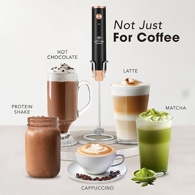 Zulay Kitchen Rechargeable Milk Frother Handheld - Lux 4 Whisks, Powerful 2-Speed Motor, Waterproof, 2000mAh Battery - Drink Mixer for Latte, Cappuccino, Matcha & Protein Powder - Dark Copper - Image 3