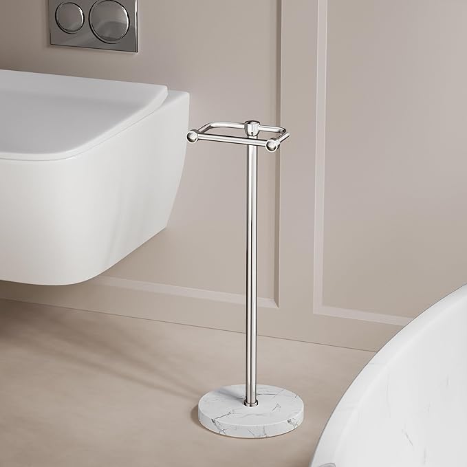 RARXTR Toilet Paper Holder Stand, Bathroom Free Standing Toilet Paper Stand with Modern Marble Base, Post Pivoting Toilet Paper Stand with Stainless Steel Tissue Rack, Rust-Proof & Heavy Base(Chrome)