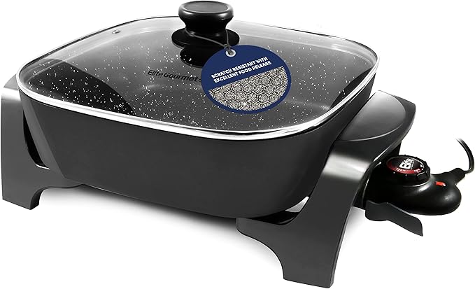 Elite Gourmet EG6201 Extra Deep 12"x12"x3.2" (7.5Qt.) Scratch Resistant Dishwasher Safe, Non-stick Electric Skillet with Glass Vented Lid, Adjustable Temperature, Black by EliteGourmet