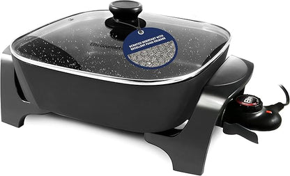 Elite Gourmet EG6201 Extra Deep 12"x12"x3.2" (7.5Qt.) Scratch Resistant Dishwasher Safe, Non-stick Electric Skillet with Glass Vented Lid, Adjustable Temperature, Black by EliteGourmet