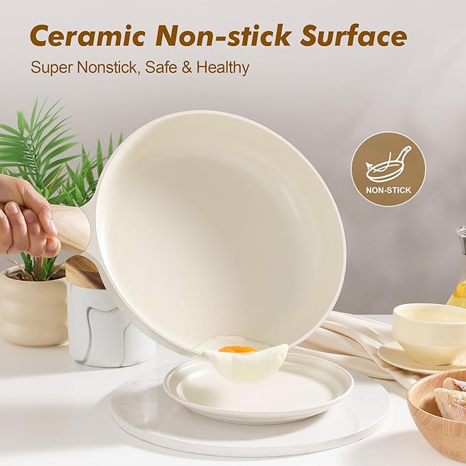 SENSARTE Ceramic Nonstick Frying Pan Skillet with Lid, 9.5inch Non Stick Pan Omelet Pans, Non-toxic Kitchen Cooking Chef's Pan, Free of Intentionally Added PFAS/PTFE/PFOA, Induction Compatible, White - Image 2